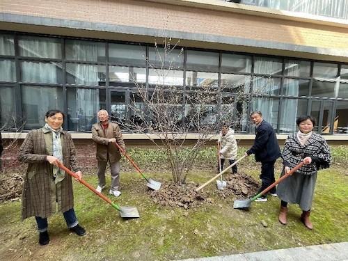 退休教师参加植树活动现场